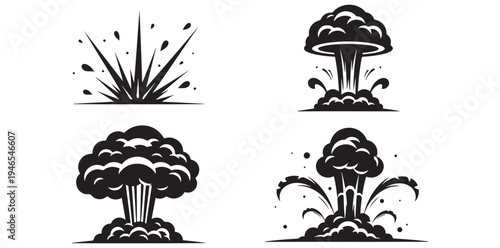 Explosion Illustration Collection: A dynamic illustration set of explosions, each depicting a unique stage of powerful energy release, perfect for conveying force and impact.