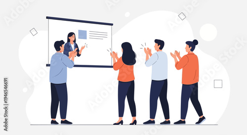 Business meeting applause: team congratulates presenter after presentation on screen