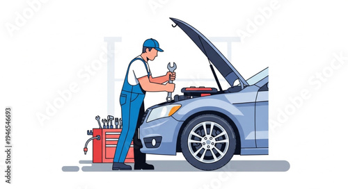 Mechanic Working on Car Engine.
