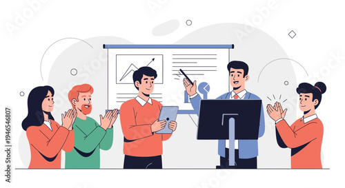 Business team applauding a successful presentation in a modern office setting