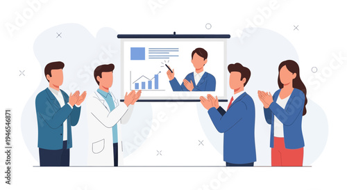 Business team applauding presentation success, graphic chart on screen