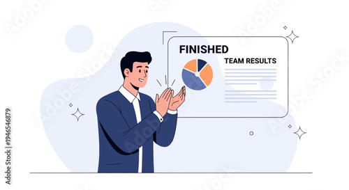 Man applauding success of team results presentation with pie chart