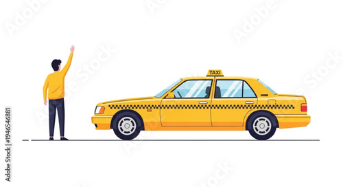 Man Hailing Yellow Taxi Cab.