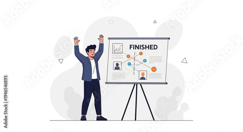 Man celebrating project completion with a finished presentation on a whiteboard.