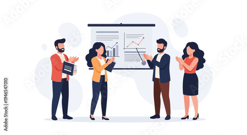 Business meeting: team applauds presentation on growth charts, success concept