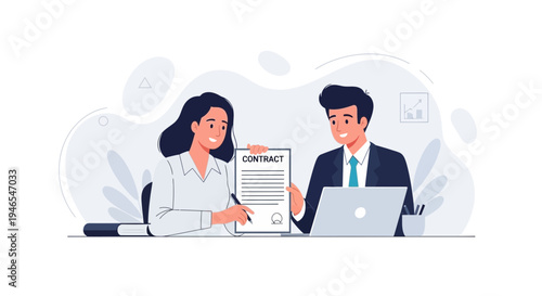 Business partners signing contract agreement at desk with laptop, teamwork concept