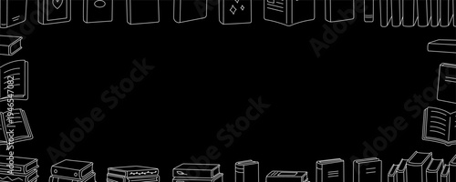 Frame of assorted books forming a square border on black background. Hand-drawn in white minimalist line style