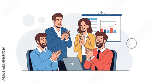 Business team applauding success at meeting, presentation board with charts in background