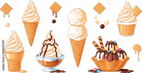 Ice cream dessert collection with waffle cone soft serve sundae chocolate syrup sprinkles sweet frozen treat summer food illustration set