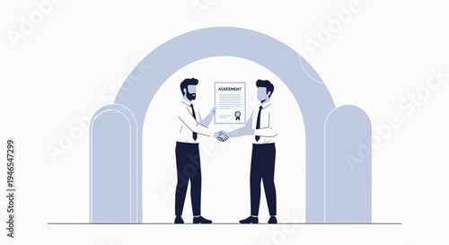 Businessmen shaking hands over agreement document under archway, partnership concept