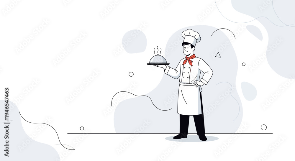 Obraz premium Chef Serving Food Dish with Cloche, Professional Culinary Illustration