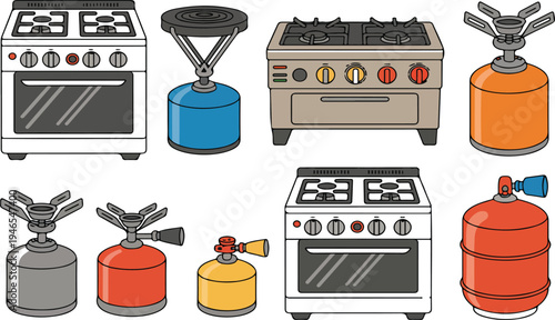 Portable Gas Stove and Camping Cooker Vector Illustration Collection Featuring Two-Burner Ranges, Small Camp Stoves, and a Propane Tank for Outdoor and Kitchen Equipment Concepts