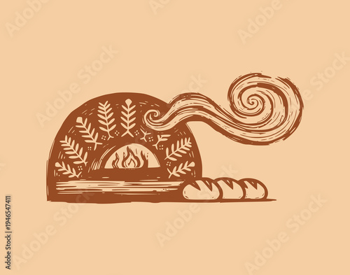 Sourdough bread baking vector illustration drawing, rustic hand-drawn style artisanal loaves, woodcut stone oven with flame and steam, artisan bakery graphic
