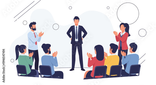 Business meeting success, leader presenting to applauding team, teamwork and achievement concept