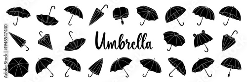 Black silhouette umbrella collection, minimal vector set of open and folded umbrellas for decor, prints, and background design