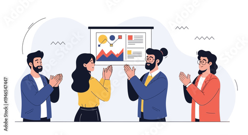 Team applauding success during business presentation with charts and graphs