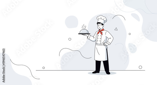 Chef Serving Food Dish with Cloche, Professional Culinary Illustration