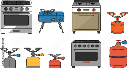 Portable Gas Stove and Camping Cooker Vector Illustration Collection Featuring Two-Burner Ranges, Small Camp Stoves, and a Propane Tank for Outdoor and Kitchen Equipment Concepts