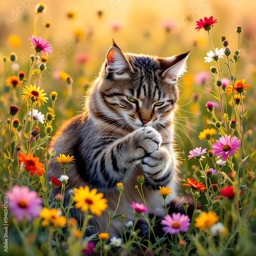 Cute cat sitting in a colorful flower meadow. Peaceful spring moment in warm golden light.