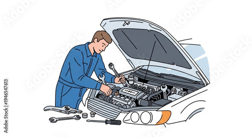 Mechanic Working on Car Engine.
