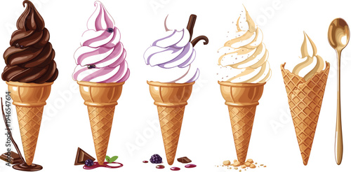 Soft serve ice cream cone flavor collection with chocolate berry vanilla caramel swirl sweet frozen dessert summer food illustration set
