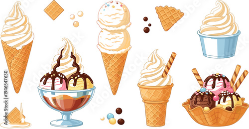 Ice cream dessert variety collection with waffle cone soft serve sundae bowl chocolate topping sweet frozen summer treat illustration set