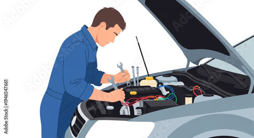 Mechanic Working on Car Engine.