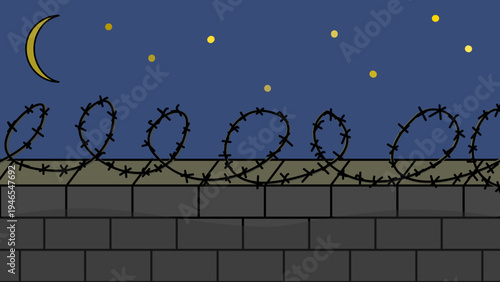Barbed Wire Fence on a Stone Wall under a Starry Night Sky with Crescent Moon