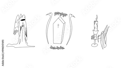 Gothic Line Art Illustration Set with Grim Reaper, Coffin, and Hand Holding a Candle