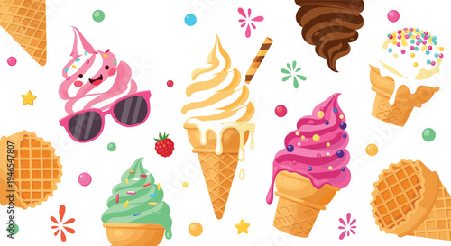 Colorful soft serve ice cream cone collection with sprinkles chocolate berry sweet frozen summer dessert illustration set