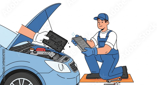 Mechanic working on car engine.