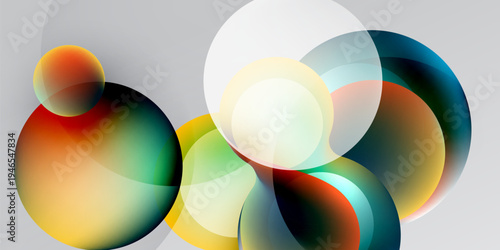 Abstract circles overlap, creating vibrant color blends. Soft gradients suggest light, depth, movement. Minimalist design on dark background.