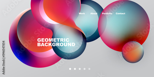 Abstract colorful shapes overlap, creating dynamic visual effect. Text elements present work, about, portfolio, contact details.