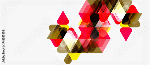 Abstract geometric shapes overlap, creating dynamic composition. Red, yellow, brown tones dominate white background. Modern design element.