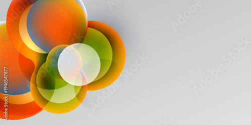 Abstract circles overlap, creating vibrant color blends. Gradient shades transition from orange, green, blue, white. Modern design element.