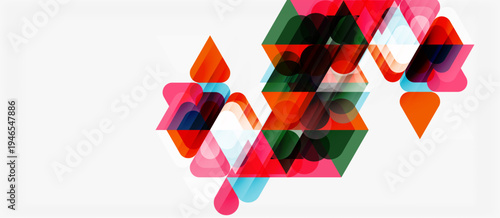 Abstract geometric shapes overlap, creating vibrant color patterns. Modern design features layered elements, dynamic composition.