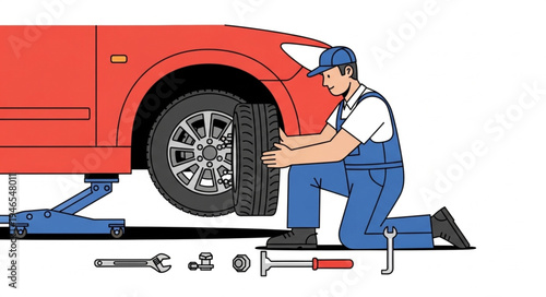 Mechanic changing car tire.