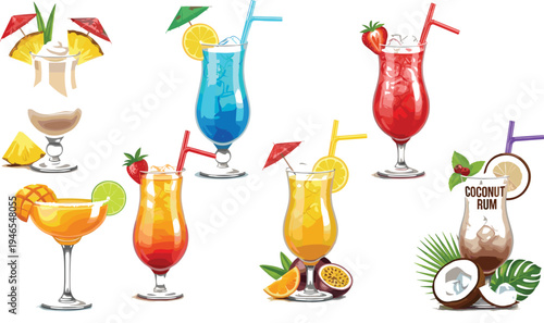 Tropical cocktail drink collection with mango passion fruit coconut rum strawberry and citrus refreshing summer beverage illustration set