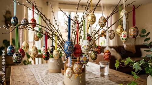 Hand painted easter eggs hanging on willow branches