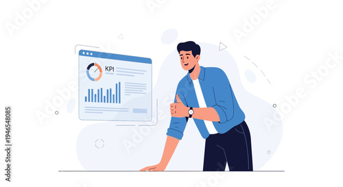 Man analyzing KPI dashboard, business growth, data analysis, strategy, success, modern illustration