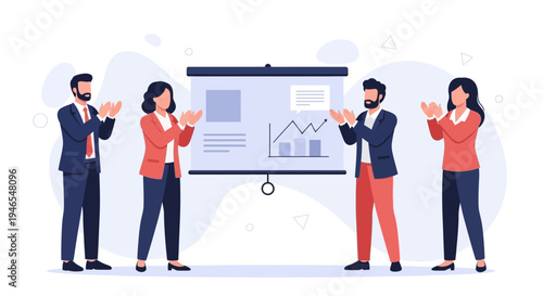Business team applauding during a presentation with a financial chart on screen