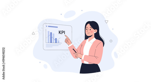 Businesswoman pointing at KPI graph on screen, explaining business growth strategy