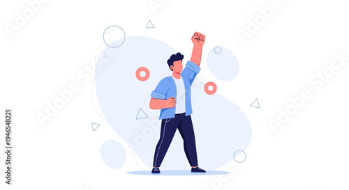 Man with fist raised in victory, celebrating success and achievement, flat design