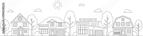 Vector illustration of suburban homes and trees in a residential neighborhood