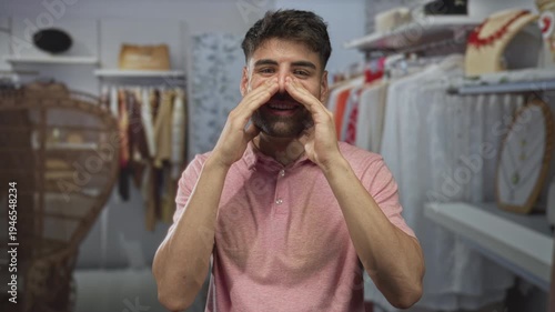 Hispanic man in pink shirt cups hands around mouth calling out surrounded by hanging garments in building clothing store aisle; announcement excitement.