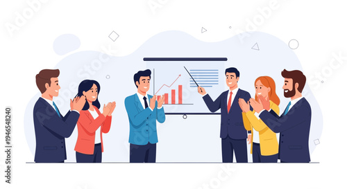 Business team applauding speaker during presentation with growth chart on screen