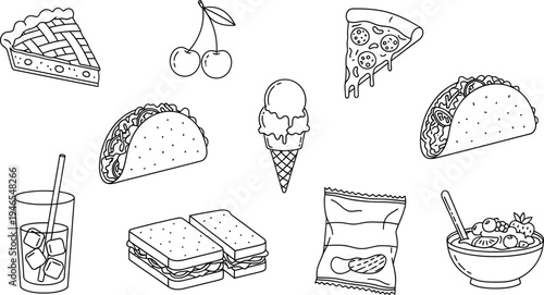 Vector food illustrations tacos sandwiches and desserts in simple line art