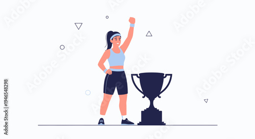 Woman celebrating victory with trophy, fitness achievement, sports success, winning concept