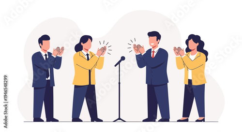 Business people applauding speaker at microphone, successful presentation, teamwork, recognition