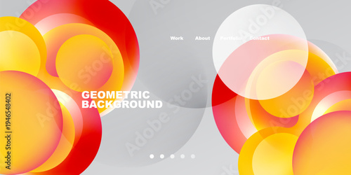 Abstract geometric shapes overlap, creating vibrant color gradients. Text elements present portfolio information on gray backdrop.